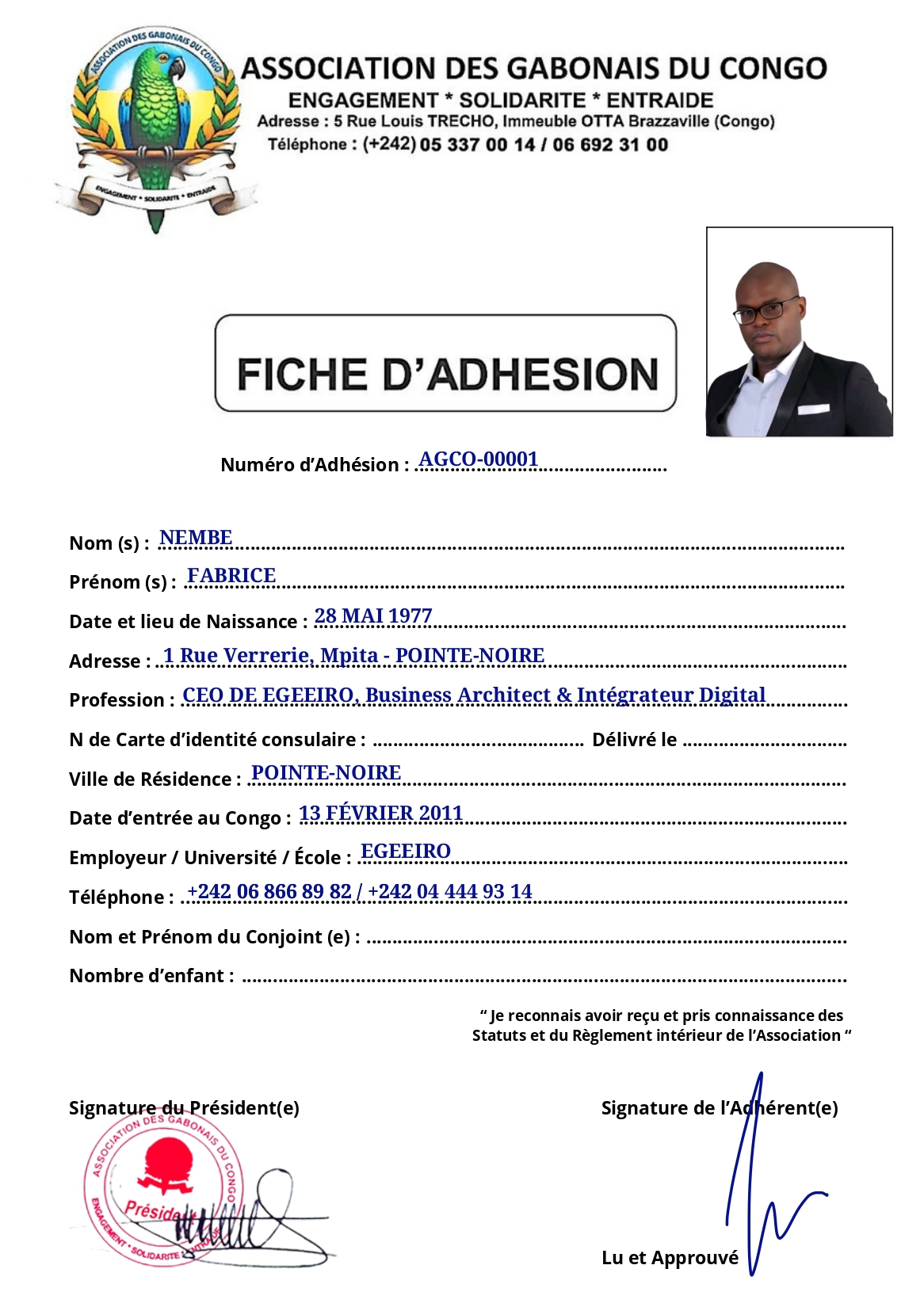 Fiche d'adhésion officielle de Fabrice NEMBE